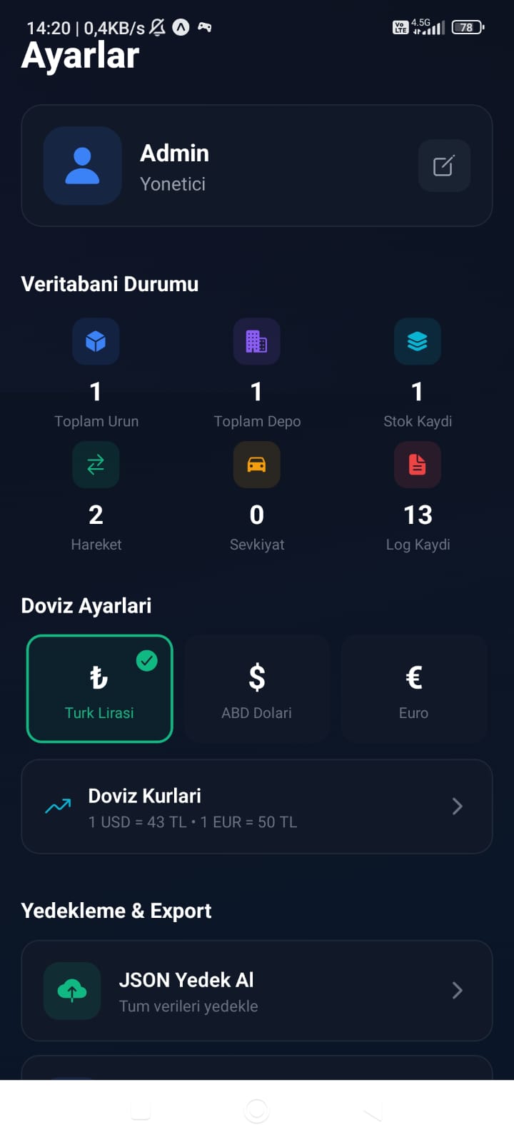 Depo yazılımı ayarlar ekranı