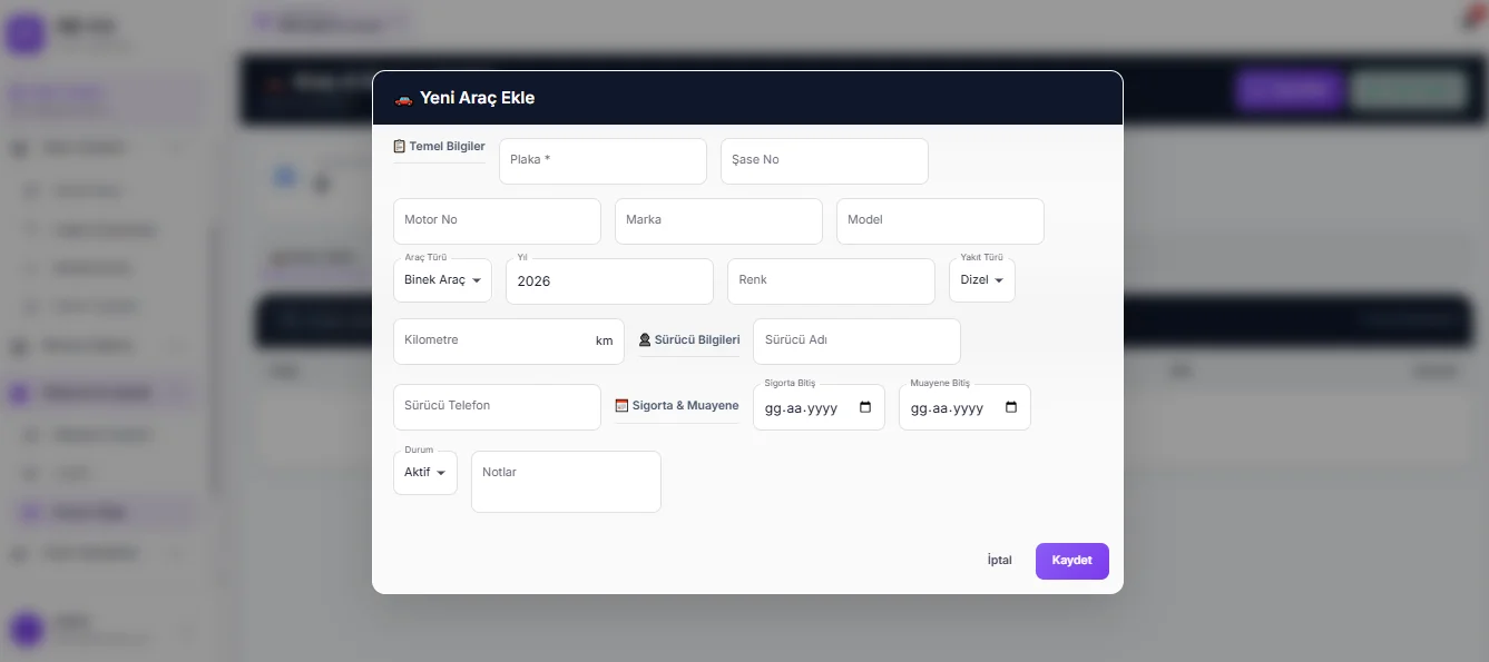 Şantiye programı araç takip modülü